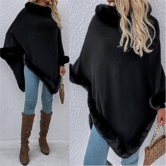 MODA ME COUTURE Sweaters - Black Faux Fur Trimmmed Asymmetric Knit Poncho
